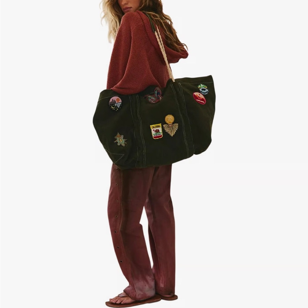 Free People “Been There” Tote with Colorful Patches in Olive/ Army  Green